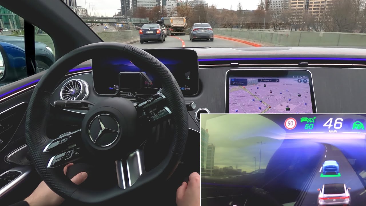 Mercedes EQE 350+ DISTRONIC Active Distance Assist with Steering Assist. Traffic jam highway driving