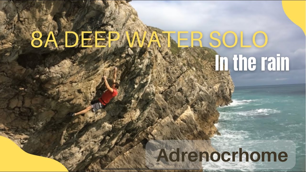 Matt Cox  completes Adrenocrhome 8a Deep Water Solo in the rain