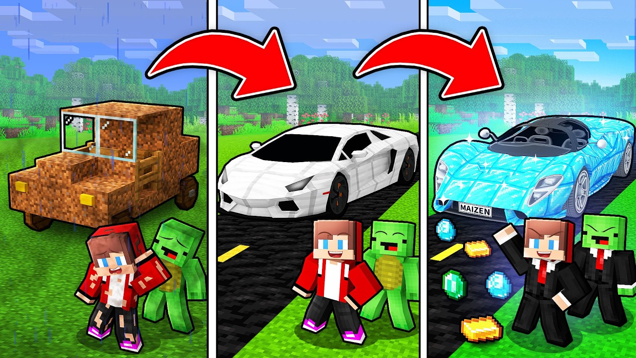 Mikey and JJ: Upgrading Car From DIRT to DIAMOND in Minecraft! (Maizen)