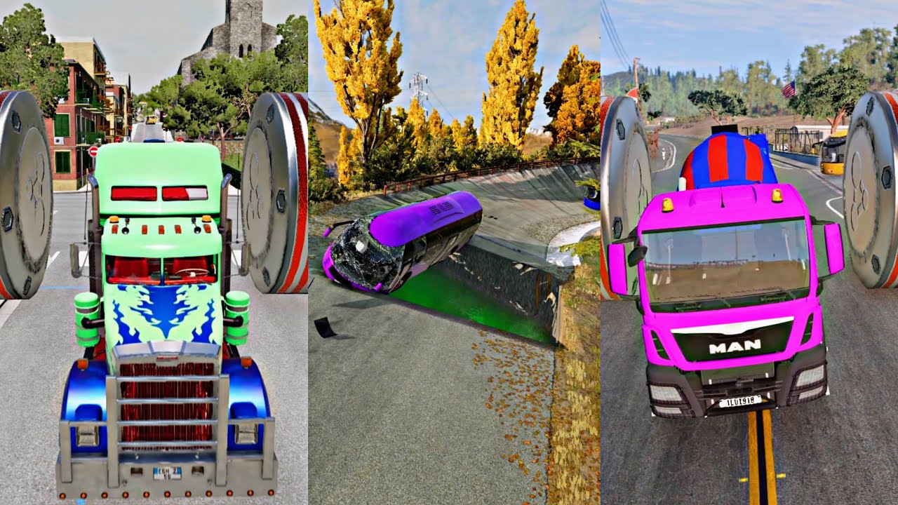 Mix Color Trucks vs Giant Bollards Crash 💥 #3