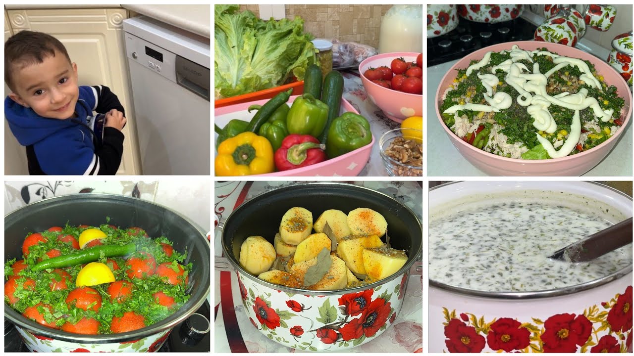 Delicious food.Quzu ətindən buğlama.Kahı salatının hazırlanması.Dadlı dovğa bişirdim. 