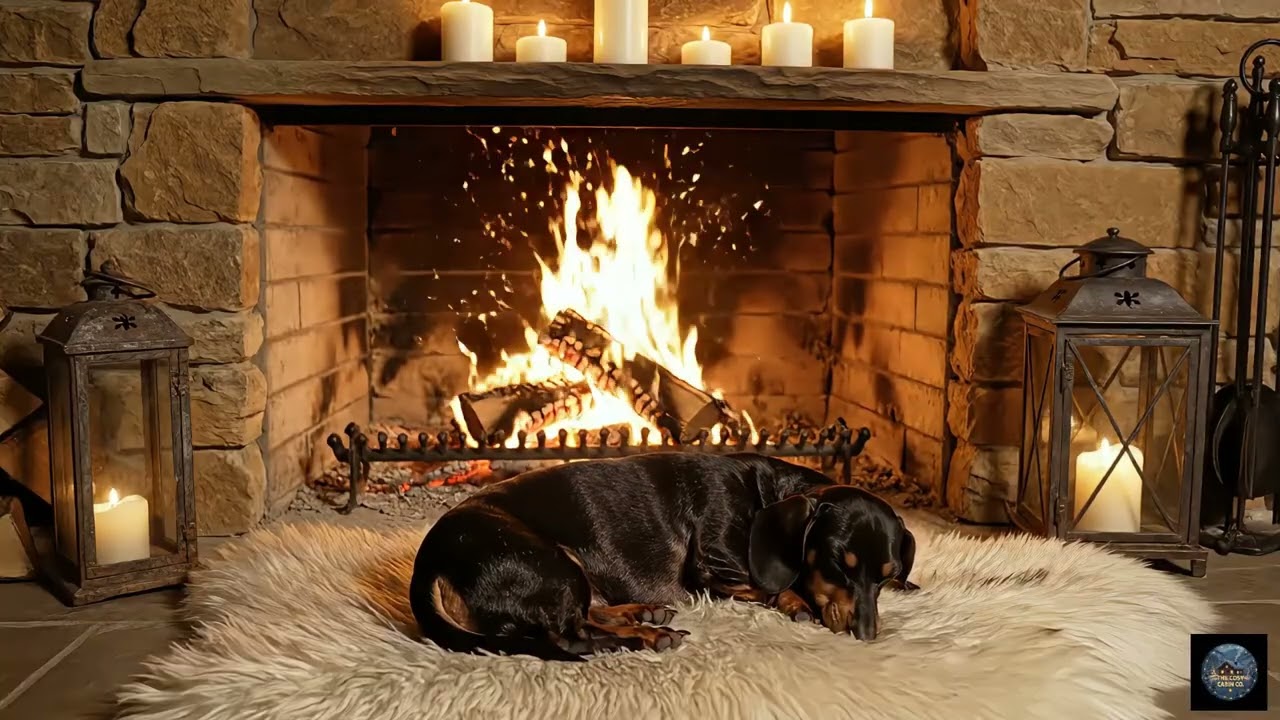 Sleeping Miniature Dachshund by the Fireplace | Gentle Fire Ambience for Sleep & Relaxation