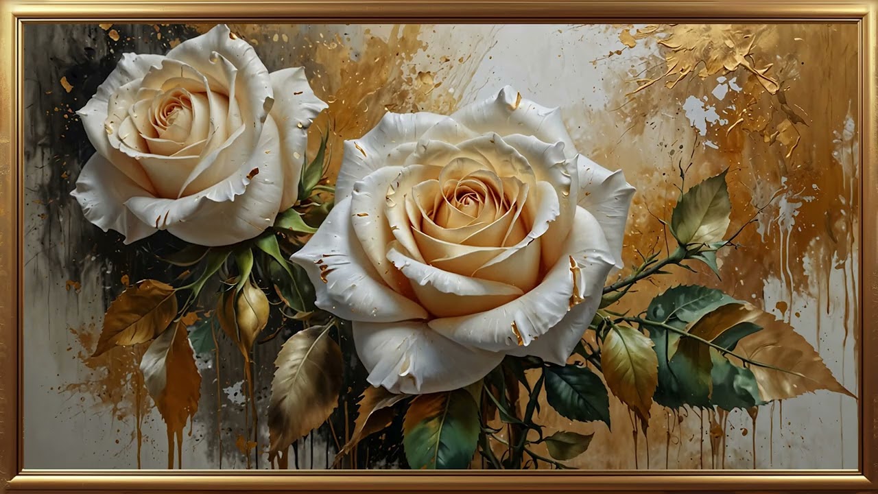 Vintage Golden White Rose Flower Painting | Gold Frame TV Art Screensaver for TV Wallpaper