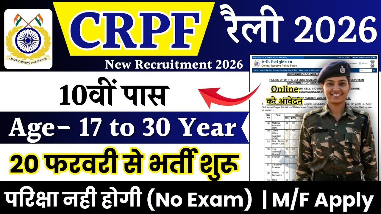 CRPF Recruitment 2026 Notification | CRPF New Vacancy 2026 | Bharti February Jobs | 10th Pass