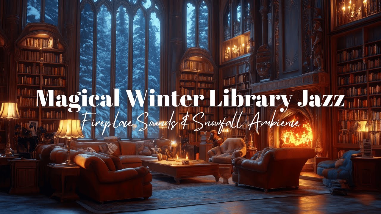 Magical Winter Library Jazz – Fireplace Sounds & Snowfall Ambience 🔥❄️