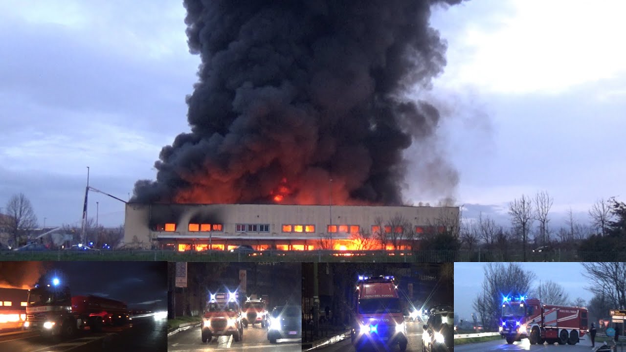 MAXI INCENDIO DITTA a Trucazzano, arrivo e partenze dei mezzi d'emergenza