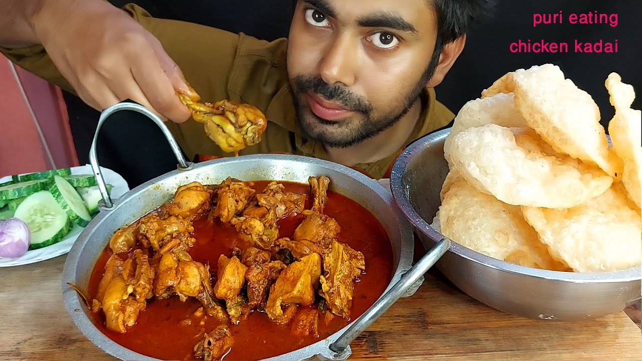 very spicy chicken karai masala curry soft ata puri with salad eating show mukbang food show