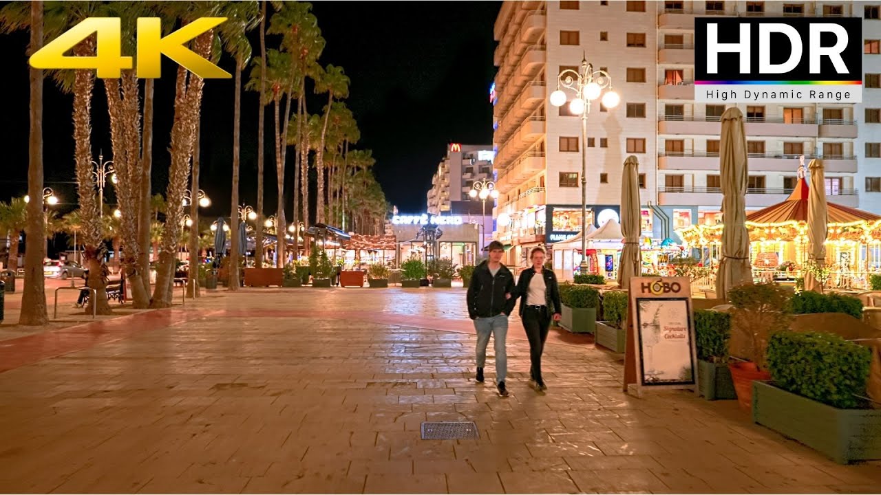 Night Walk in Finikoudes Beach Larnaca, Cyprus【4K HDR】