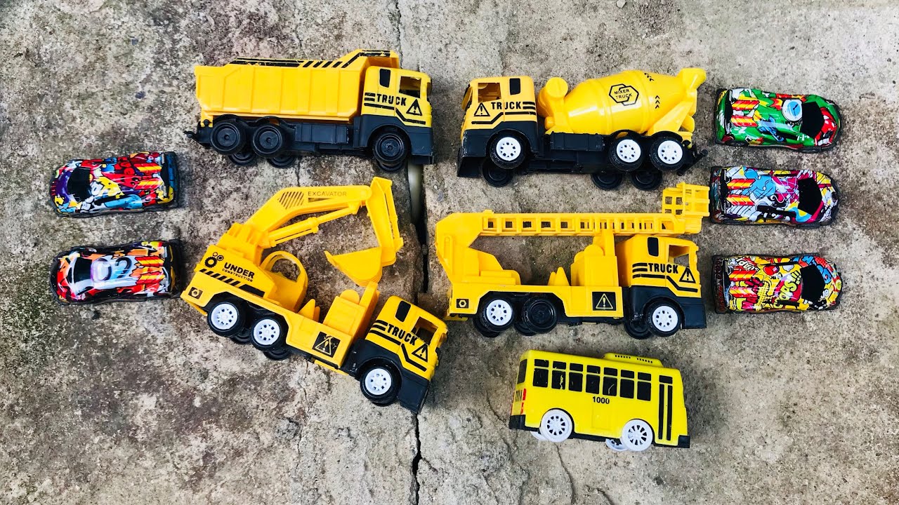 Bermain mainan mobil truk excavator, dump truk, truk tangga, truk molen, bus tayo, mobil balap