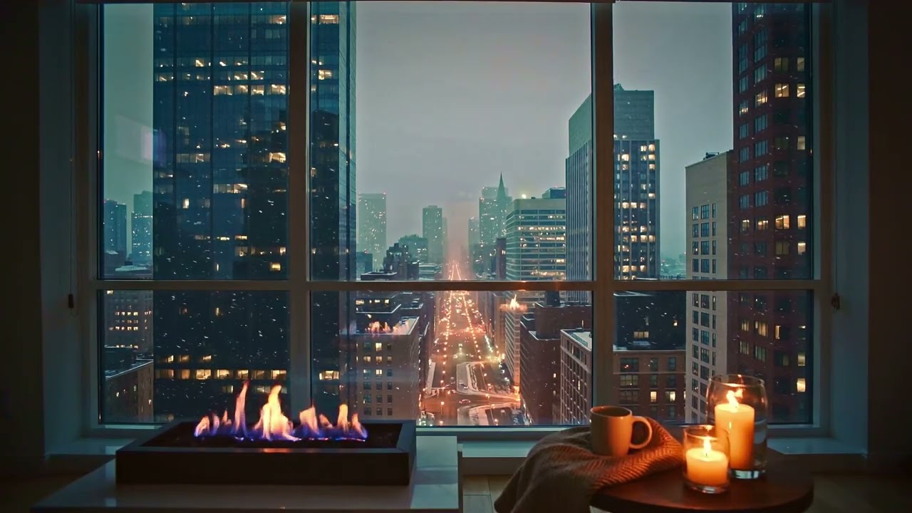 Quite Like City Apartment Fireplace 🌆🔥 | Downtown View • Urban Night • Background Music