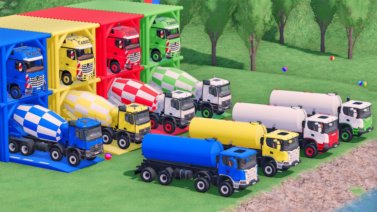 Trucks With COLORS - MERCEDES MIXER TRUCK and SCANIA TANKER TRUCK with FLATBED TRAILER TRUCK