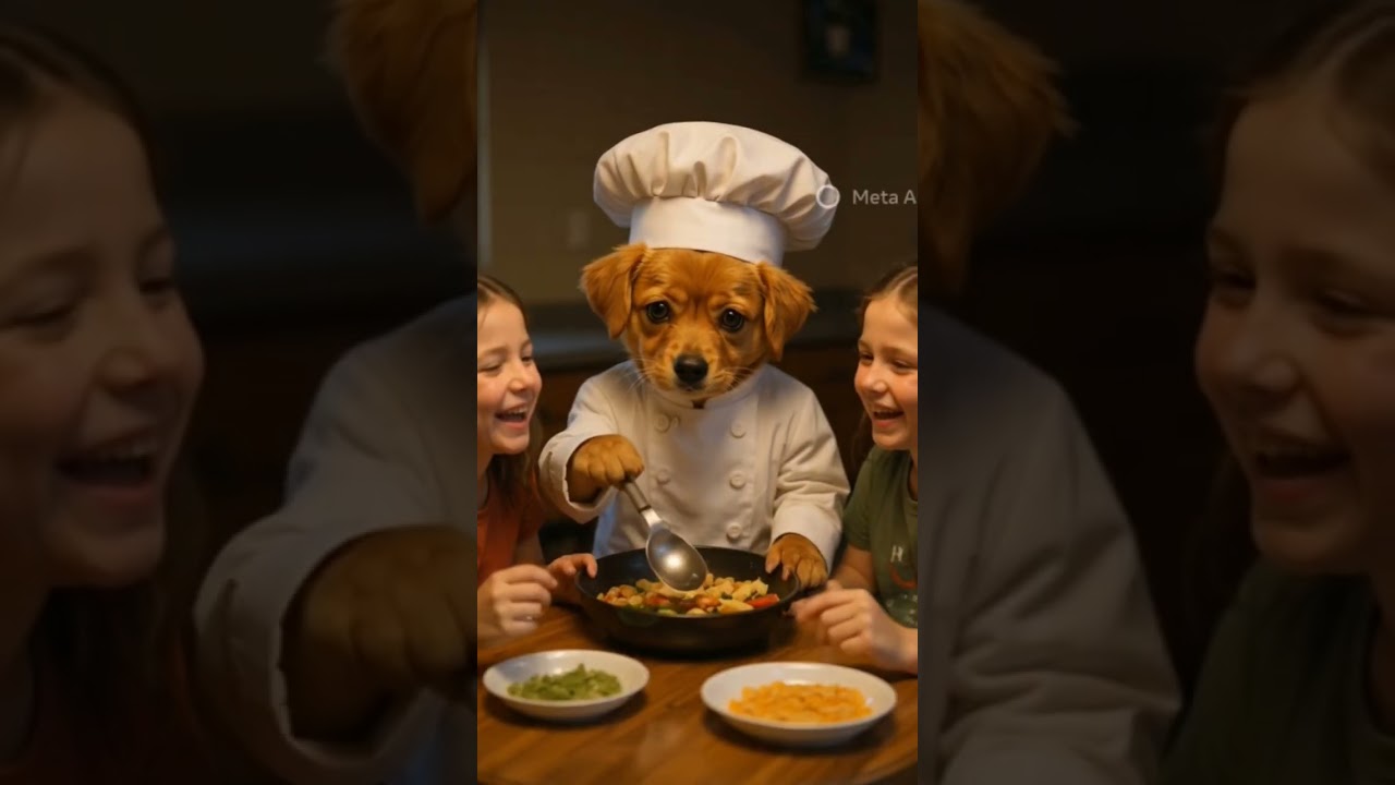 Puppy help children for giving food. 