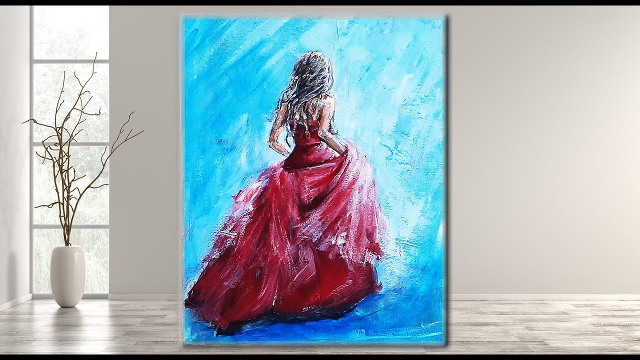 Girl in a Red Dress/ Acrylic /Painting on Canvas for Beginners/  MariArtHome