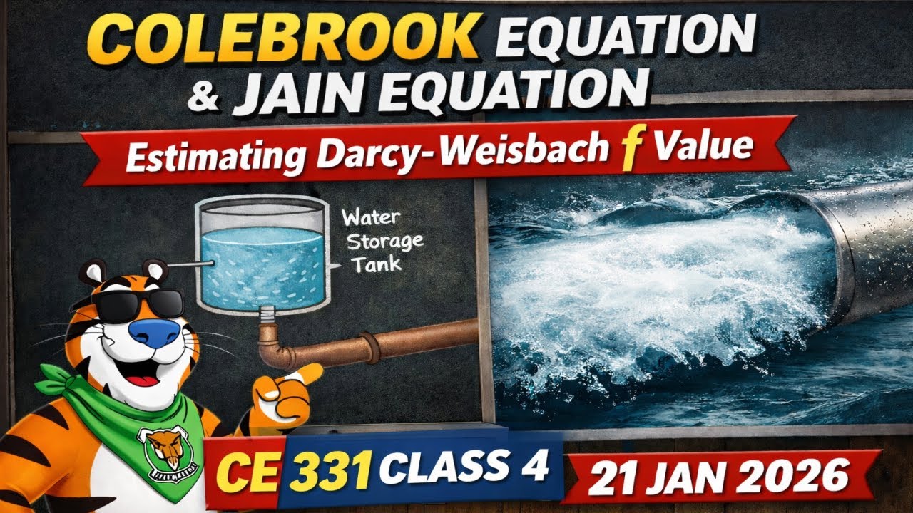 Colebrook equation & Jain equation: estimating Darcy Weisbach f value - CE 331 Class 4 (21 Jan 2026)