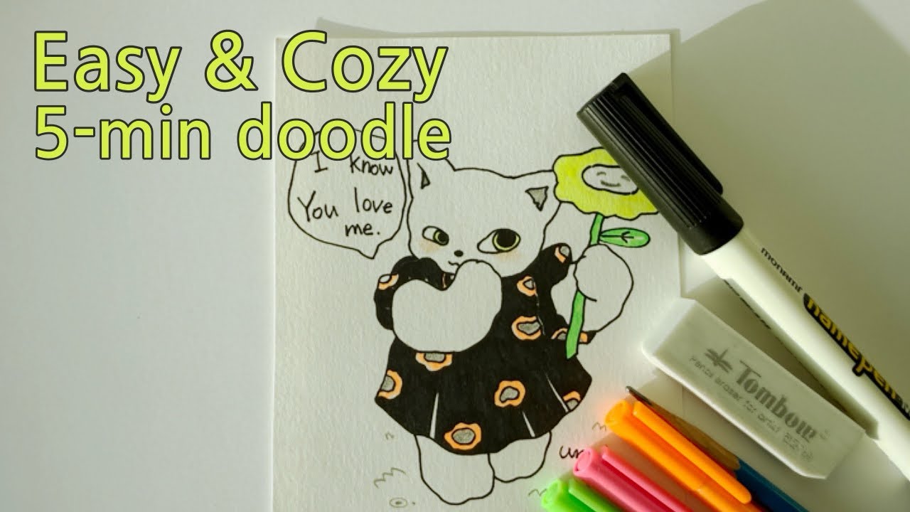 Drawing with simple markers: Cute Cat & Flower Doodle 🌸 | 집에 있는 마커로 슥슥, 고양이와 꽃 그리기