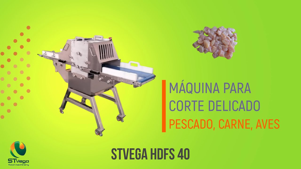 Cortamos el filete en cubos con la máquina STvega HDFS 40 para el corte delicado de pescado y carne