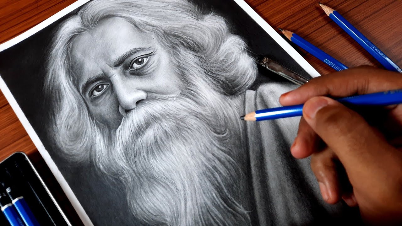 Rabindranath Tagore drawing,  Pencil sketch,  How to draw Rabindranath Tagore,  Sanju Arts