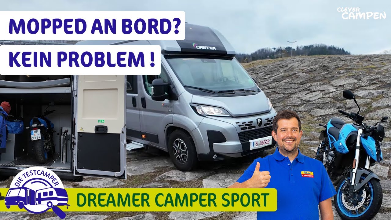 Mit dem Motorrad zum campen? Im Dreamer Camper Sport kein Problem. Dank Hubbett passt viel ins Heck.
