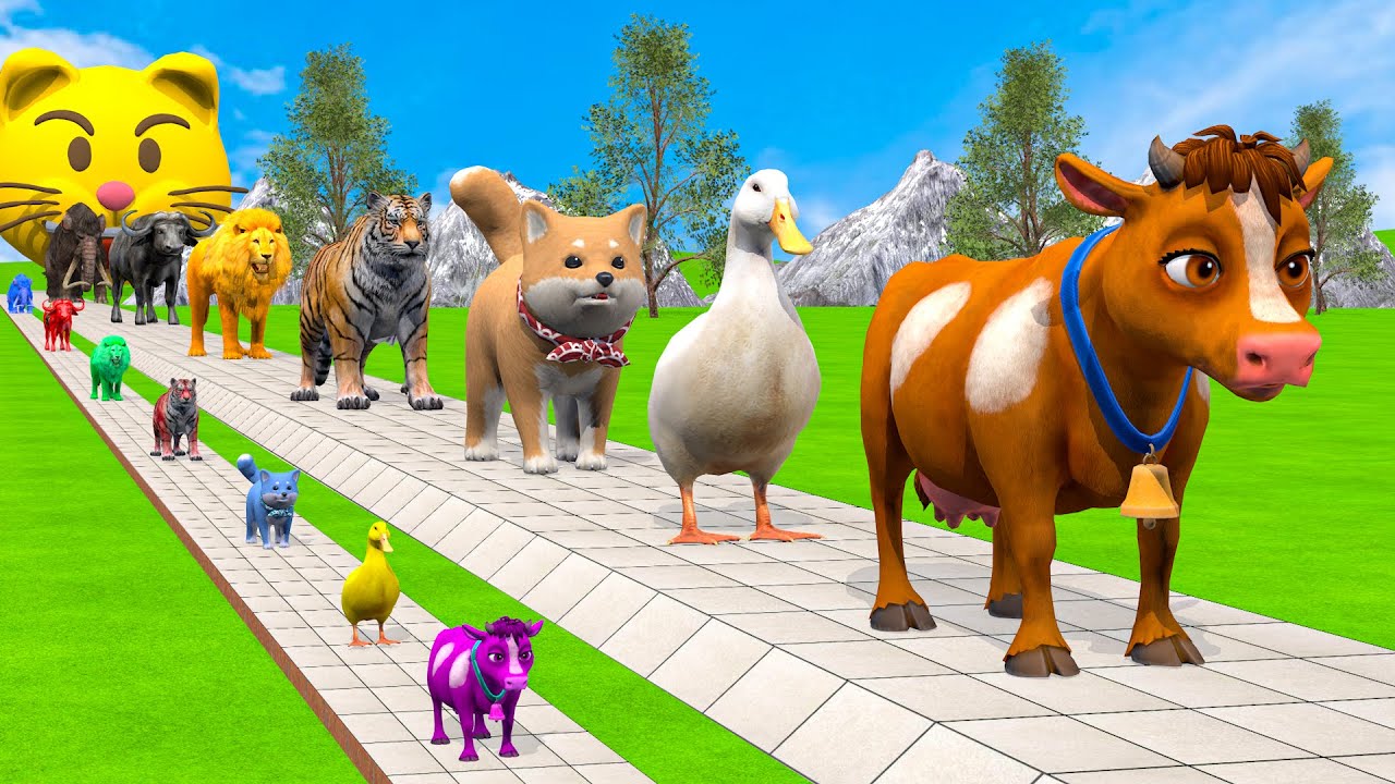 Long Slide Game With Cow Elephant Gorilla Hippopotamus Tiger - 3d Animal Game - Funny 3d Animals