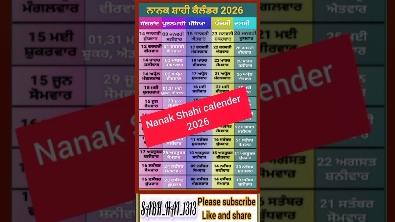 Nanakshahi calendar 2026. Sikh calendar 2026. sangrad.masya.puranmasi. Punjabi calendar