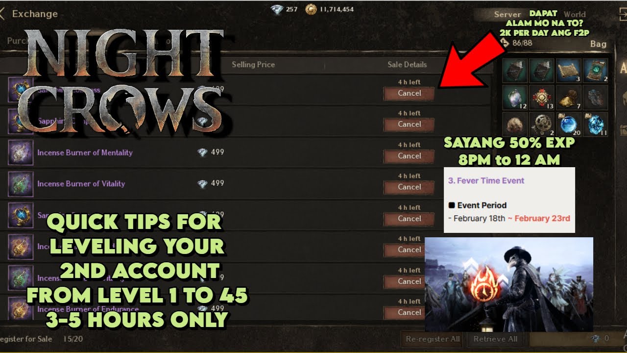 NIGHT CROWS - Quick Tips for Leveling your 2nd Character Habang may fever time