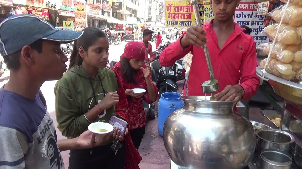 Indian People Enjoying Tasty Panipuri Chaat at Labela Chaat Corner Indore