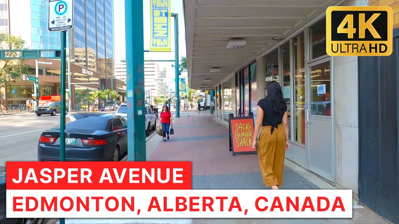 Downtown EDMONTON Walk Jasper Avenue - main Street of Edmonton Alberta Canada 4K