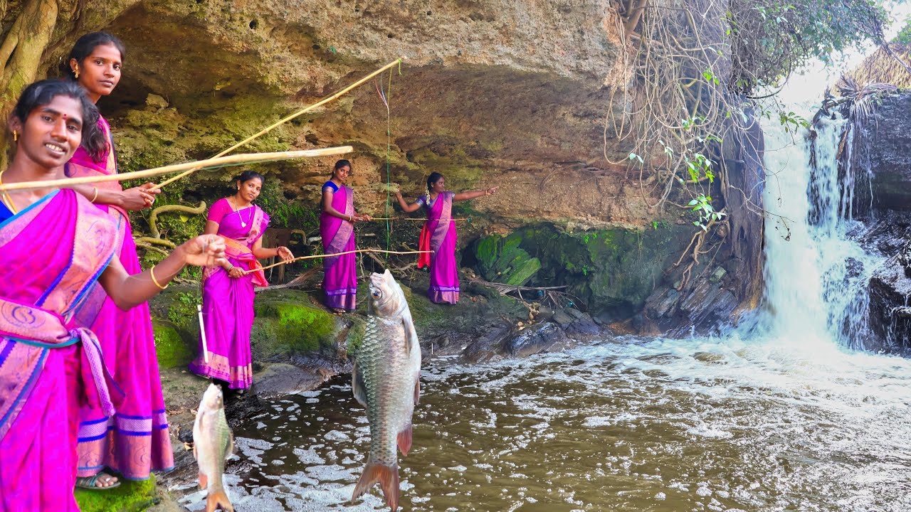 WATERFALL FISH CATCHING | Using Handmade Fishing Rod | Village Super Cooking