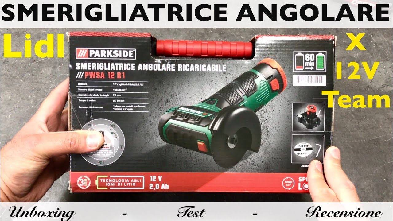 Smerigliatrice angolare Parkside 12V da 76 mm a batteria. PWSA 12 B1. Lidl. X12V Team. Mini flex