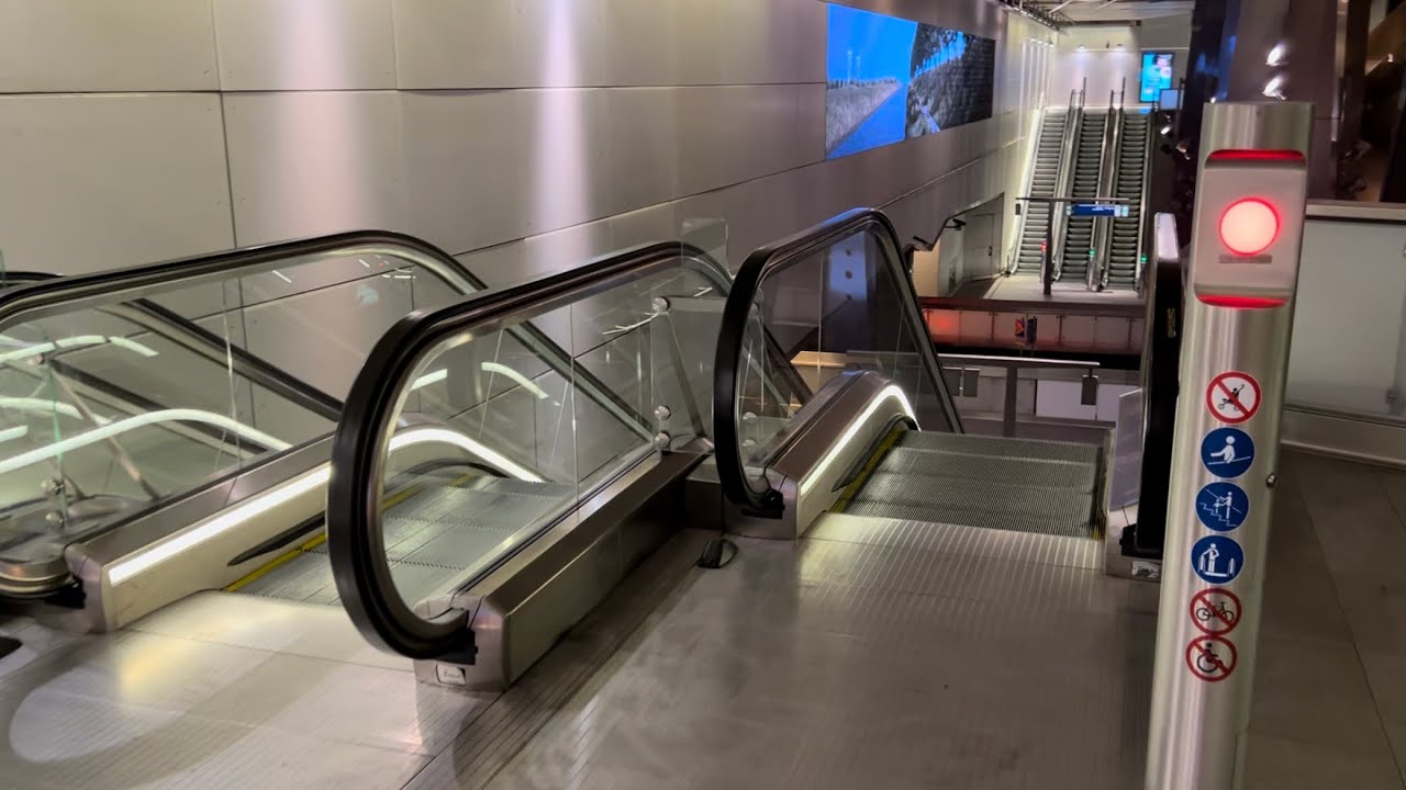 Amsterdam, Netherlands. 9x ThyssenKrupp escalators at Centraal Station Metro M52 toward Zuid pt1/4