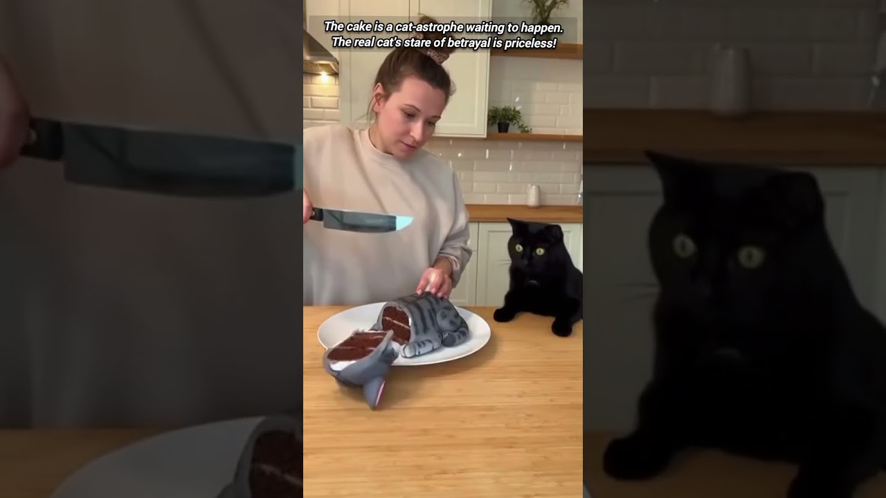 ​A woman slicing a very realistic cake shaped like a cat.
