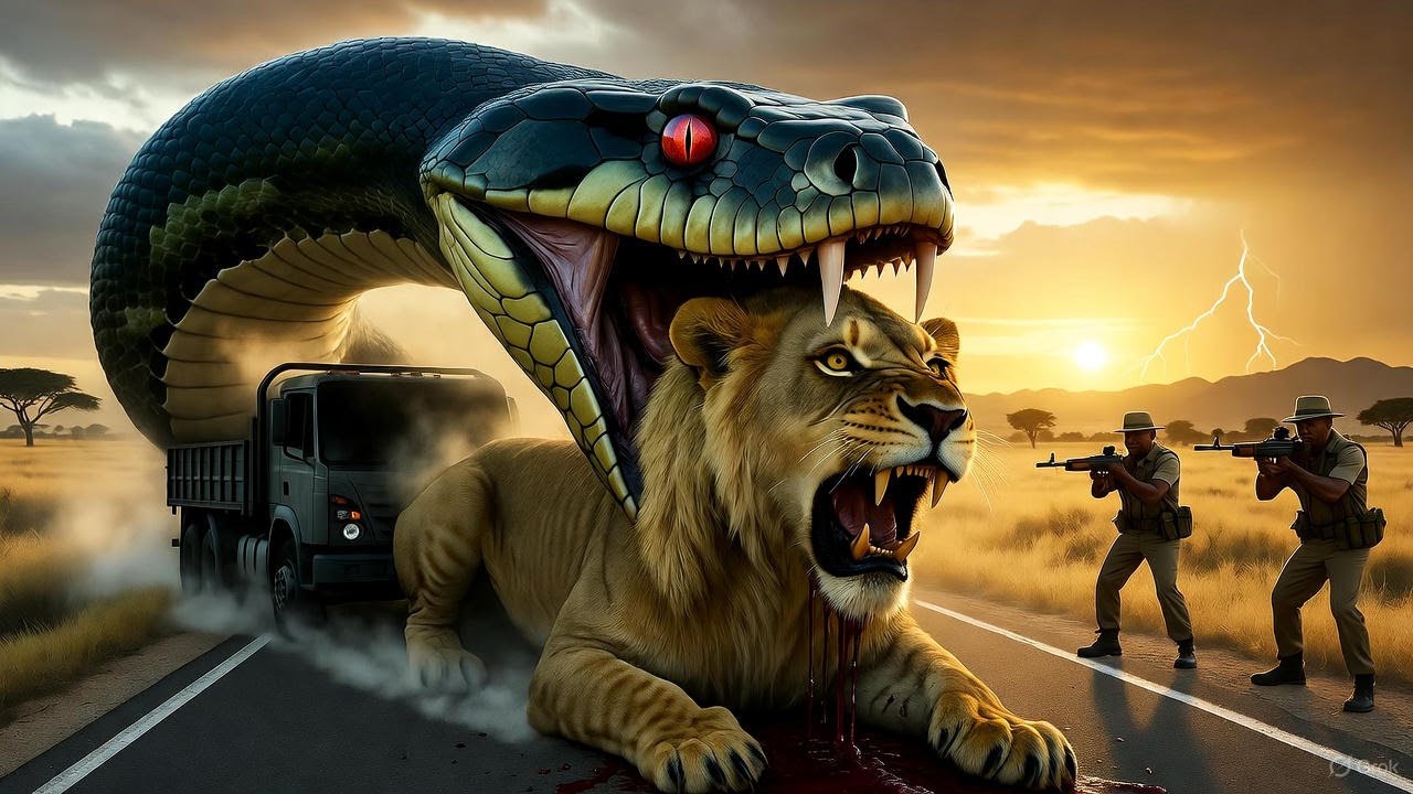 Epic Rescue: Brave Heroes Save Mother Lion from Giant Python After Highway Crash** 🐍