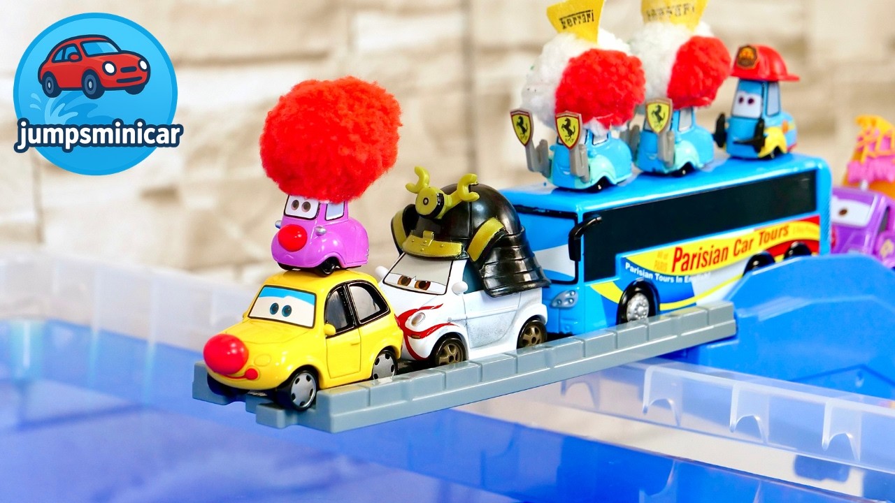 Disney Cars Toys Climb a Tomica Ramp and Splash into Water！