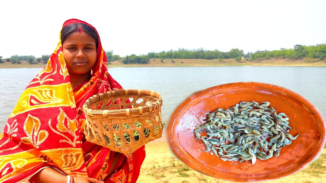Dime shak chingri mach diye bhaja recipe||village food dime shak delicious recipe in bengali.