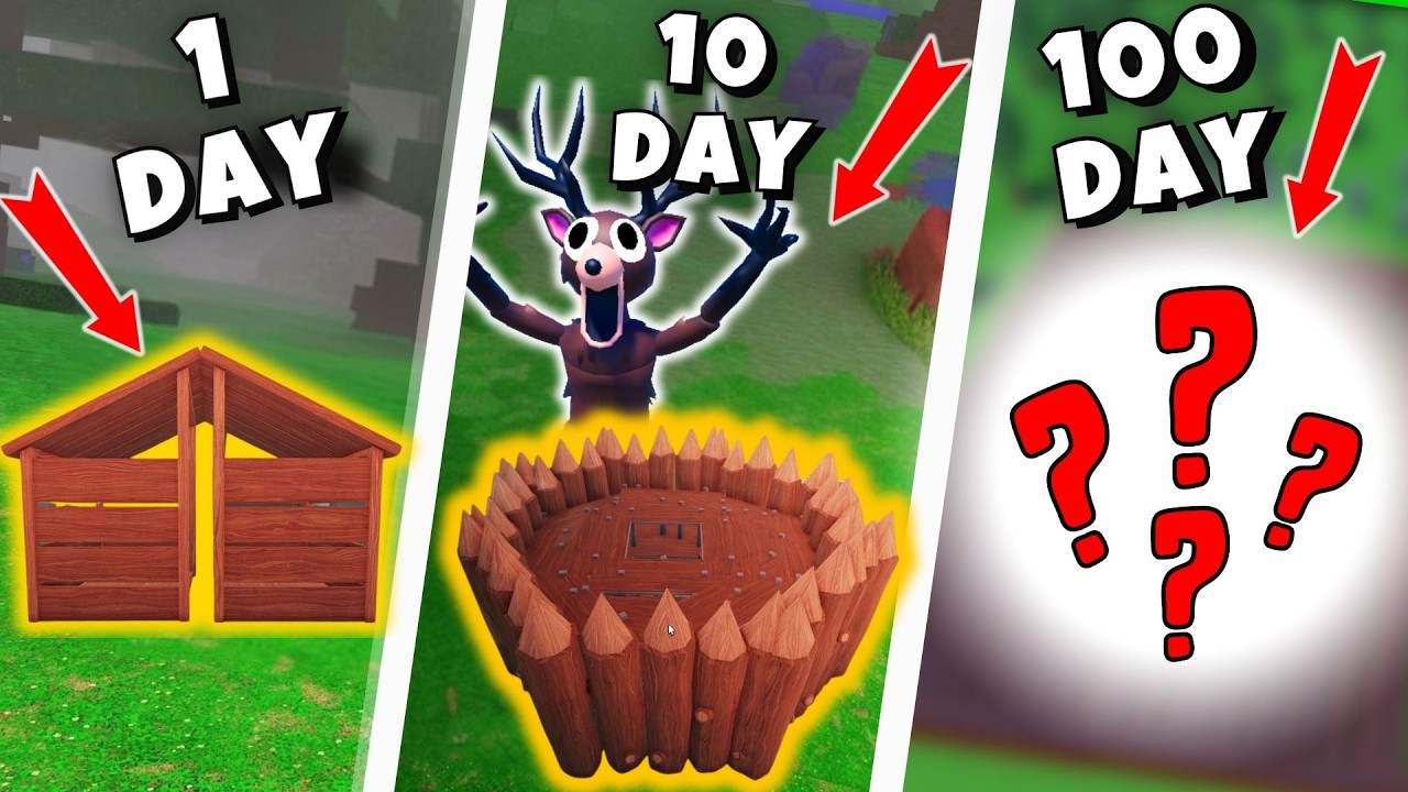 Building a Base in 1 Day, 10 Days, and 100 Days Challenge in 99 Nights in the Forest!