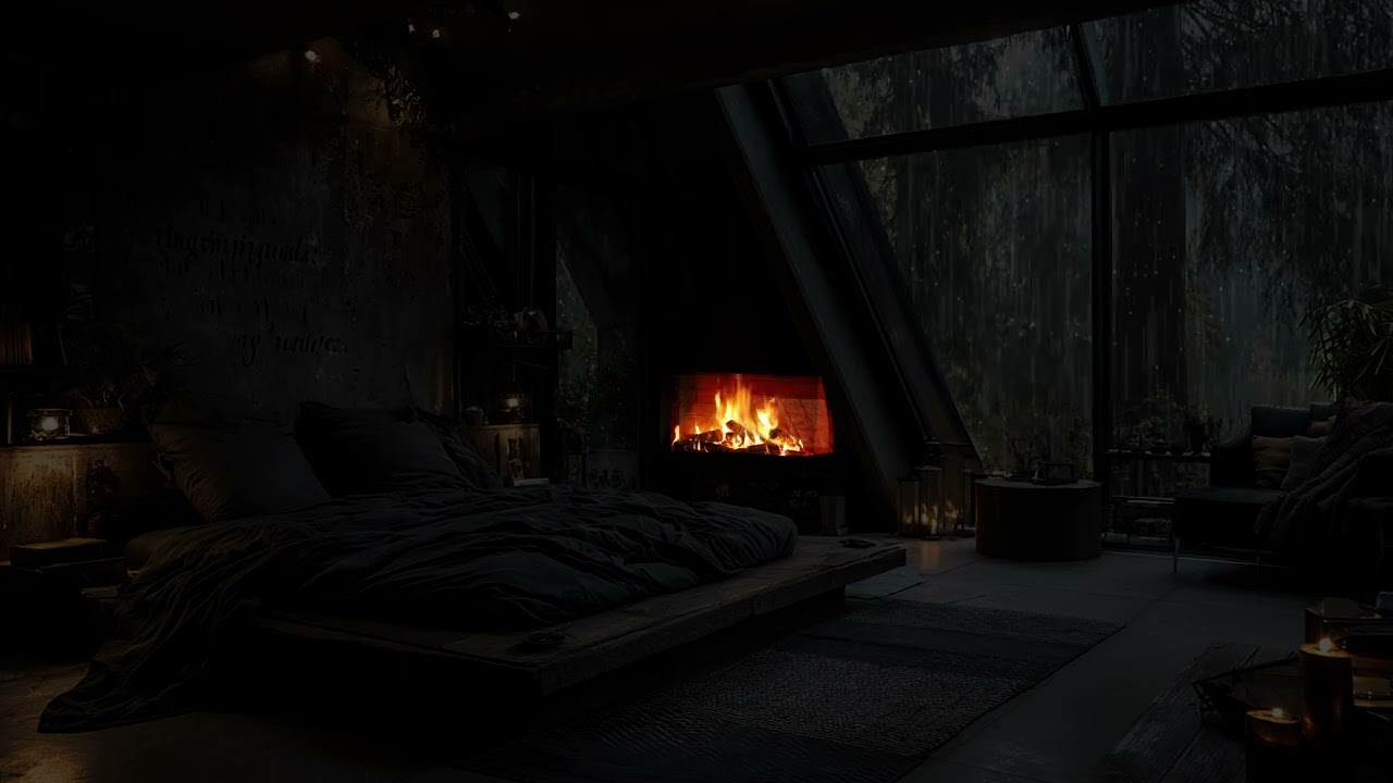 Soft Rain Falling on Pine Forest at Night | Cozy Fireplace Indoors Ambience Nature Rain Sounds