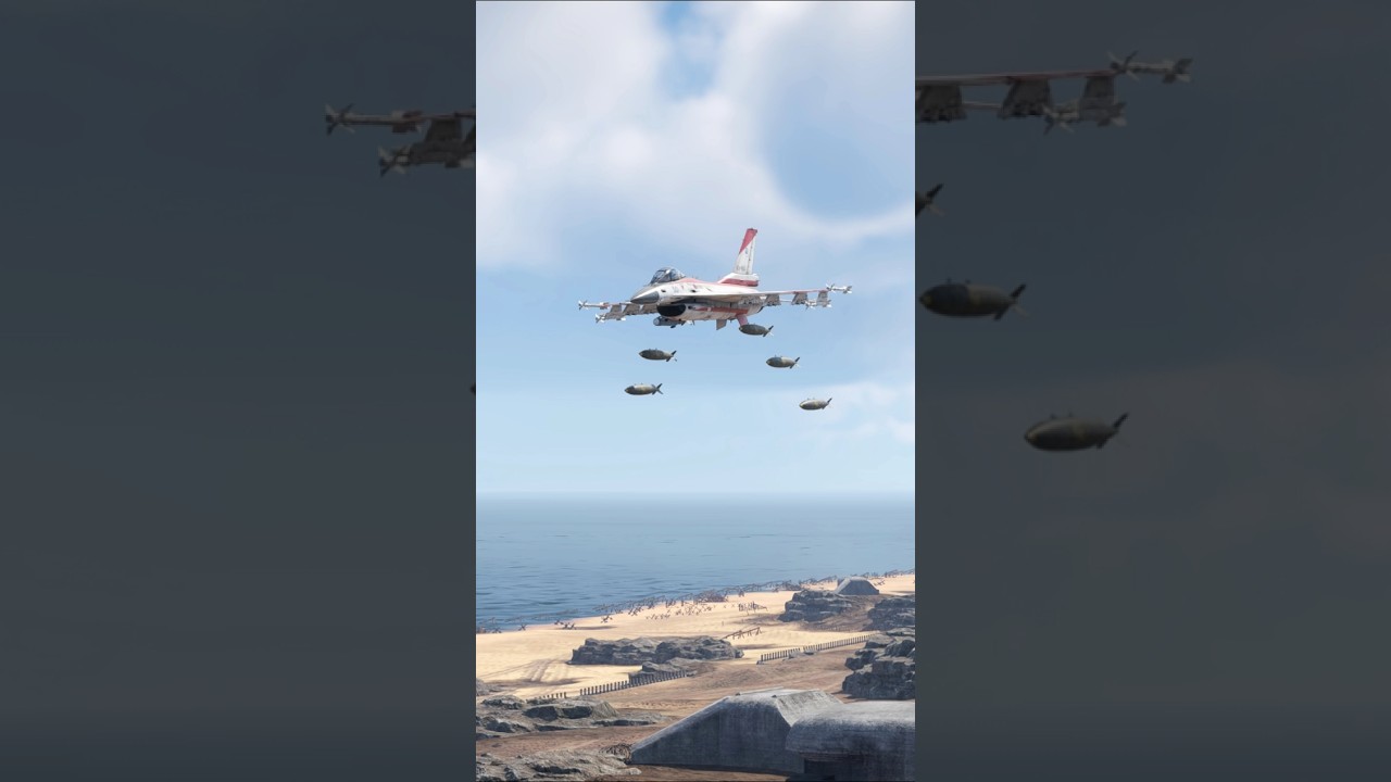 F-16.Massive Airstrike Simulation With Fighter Jet And Heavy Bombs