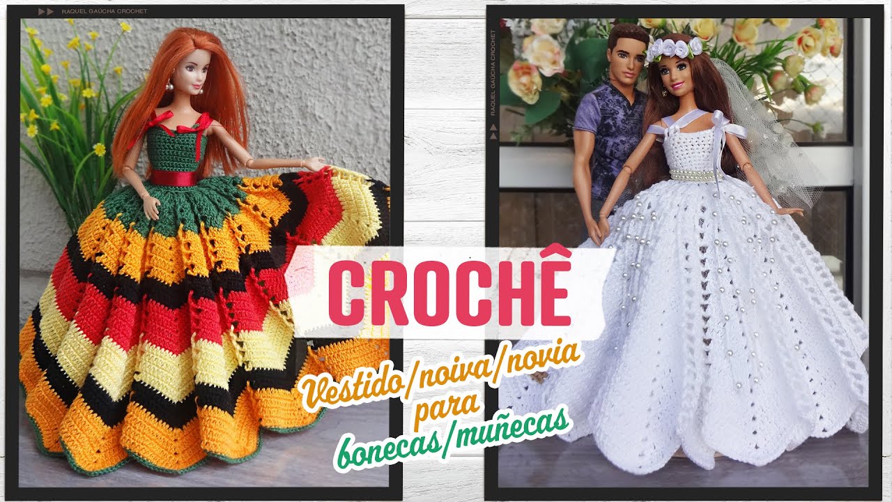 Vestido Longo/Noiva de Crochê para Bonecas