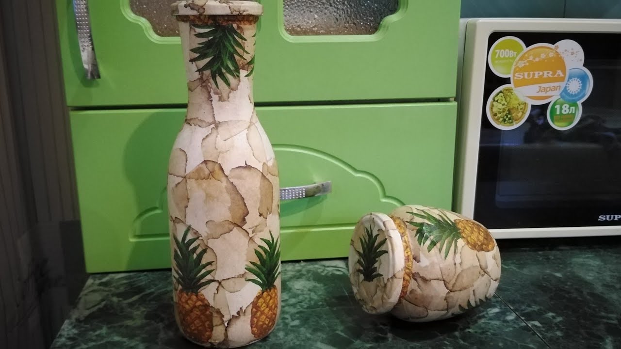 Подробно декор бутылки (банки) чайными пакетиками. Декупаж.