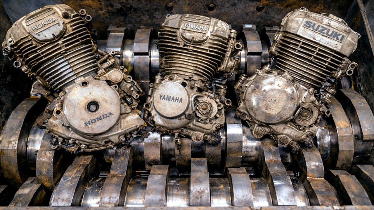 Giant Industrial Shredder Crushing Motorcycle Engine! | Extreme Metal Shredding Machine