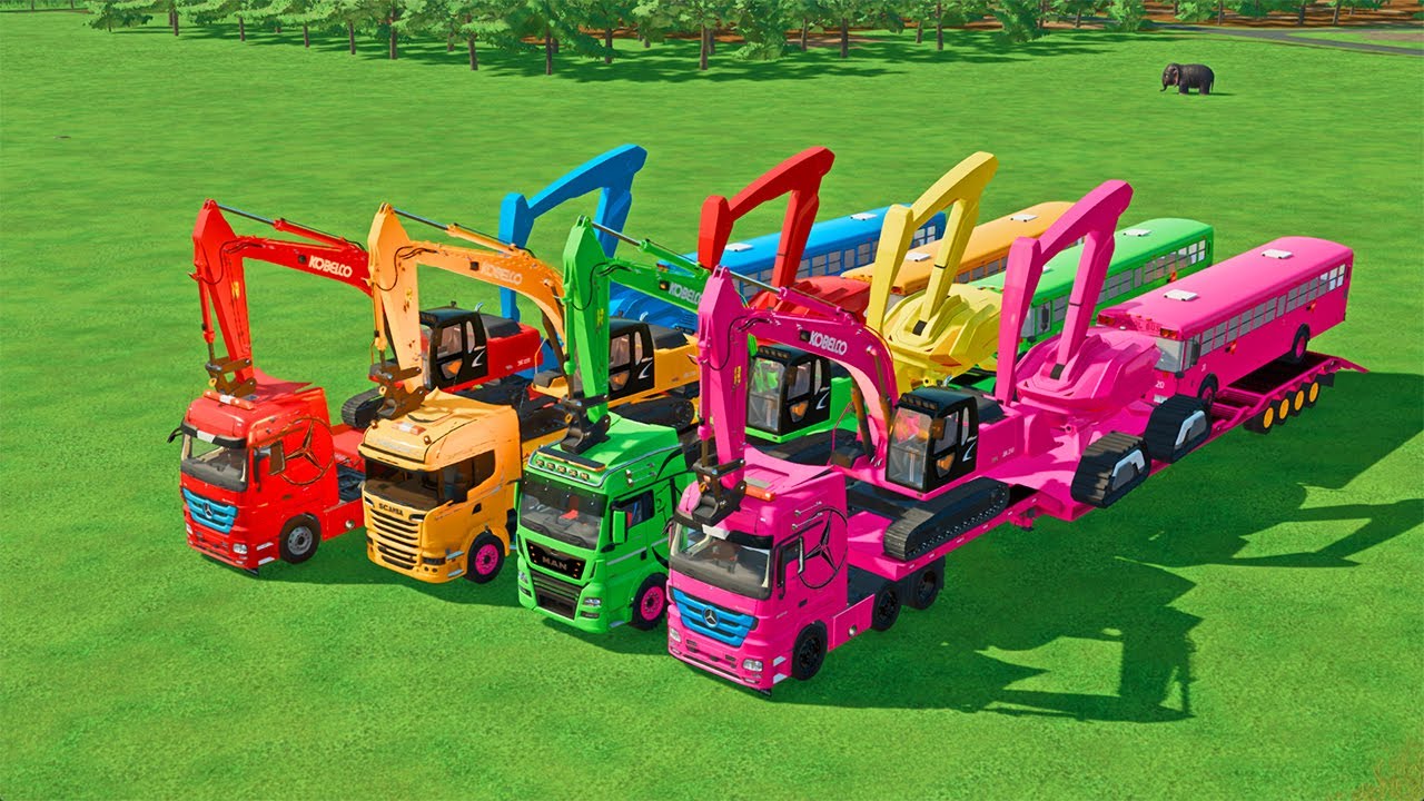 TRANSPORTING EXCAVATOR, SCHOOL BUS, MIXER TRUCK, TO GARAGE WITH MAN TRUCK - FS22