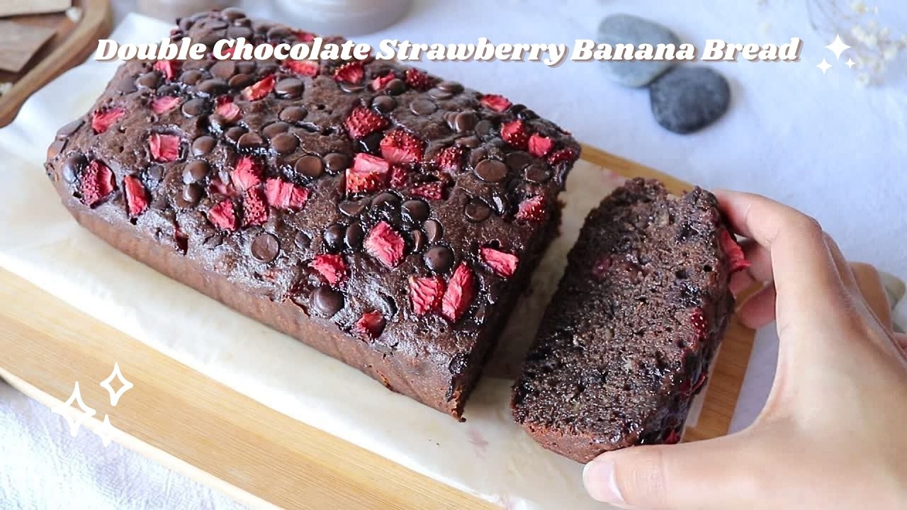 Moist Double Chocolate Strawberry Banana Bread | Baking Therapy✨