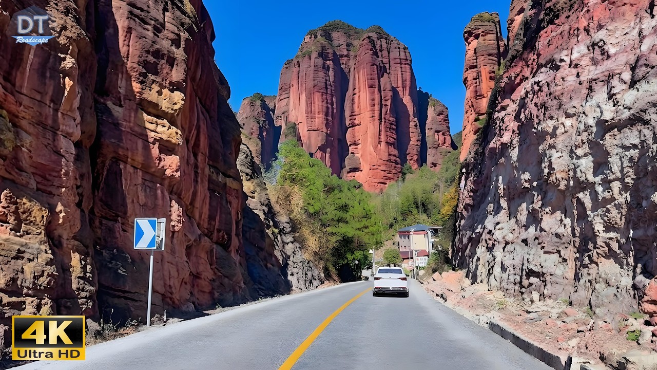 Driving Through Towering Red Cliffs 4K HDR - Into Guilin's Most Spectacular Danxia Mountains