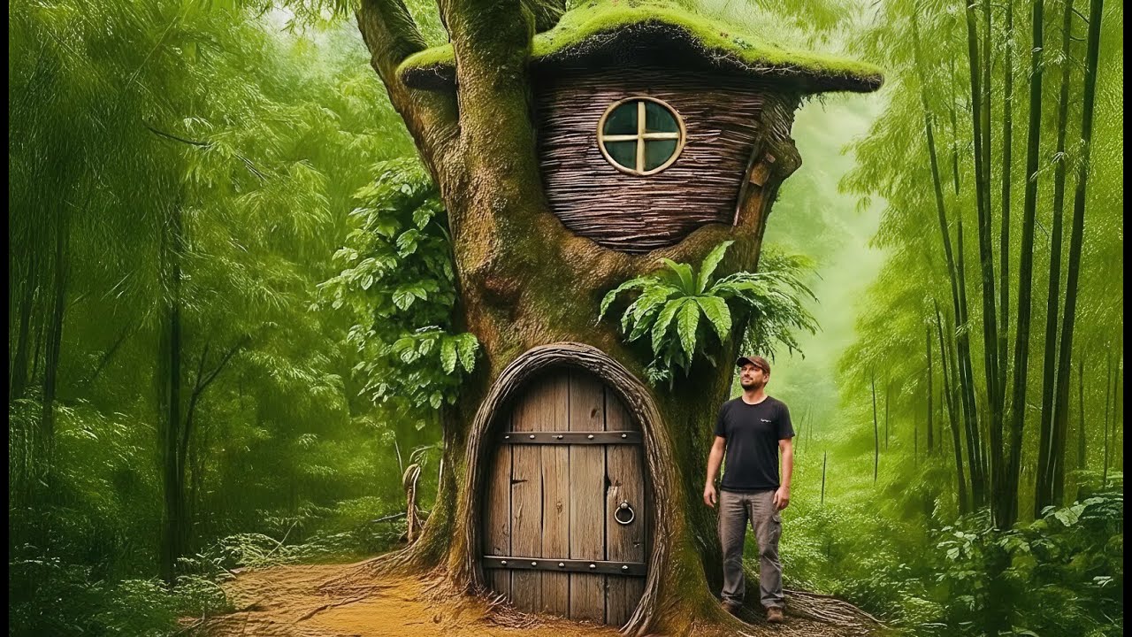 Building a Forest Survival Base on a Giant Tree with a Natural Grass Roof Shelter