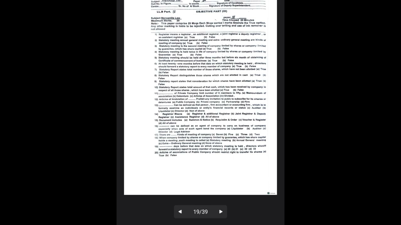 BZU LLB 5 years program part 4 Past papers