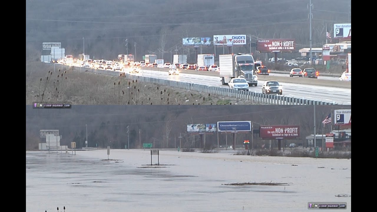 Interstate 44 Meramec River 2015 flood:  Comparison during-after - Valley Park, MO