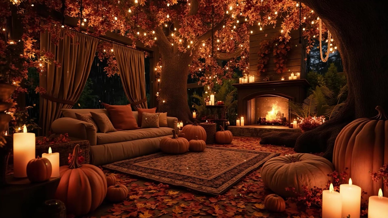 Quiet Fall Evening at a Cozy Autumn Porch | Rainy Streets, Fireplace Glow & Smooth Jazz for Sleep