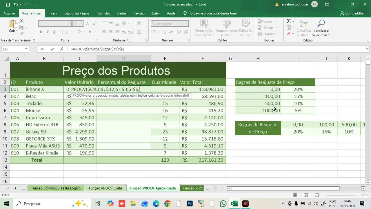 FUNÇÃO PROCV CORRESPONDÊNCIA APROXIMADA