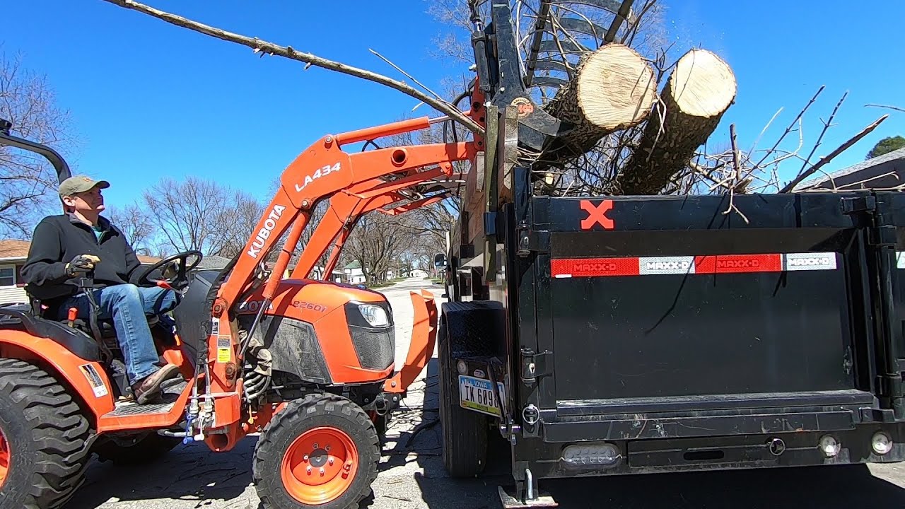 Kubota B2601 и корневой захват убирают погибшие ясени