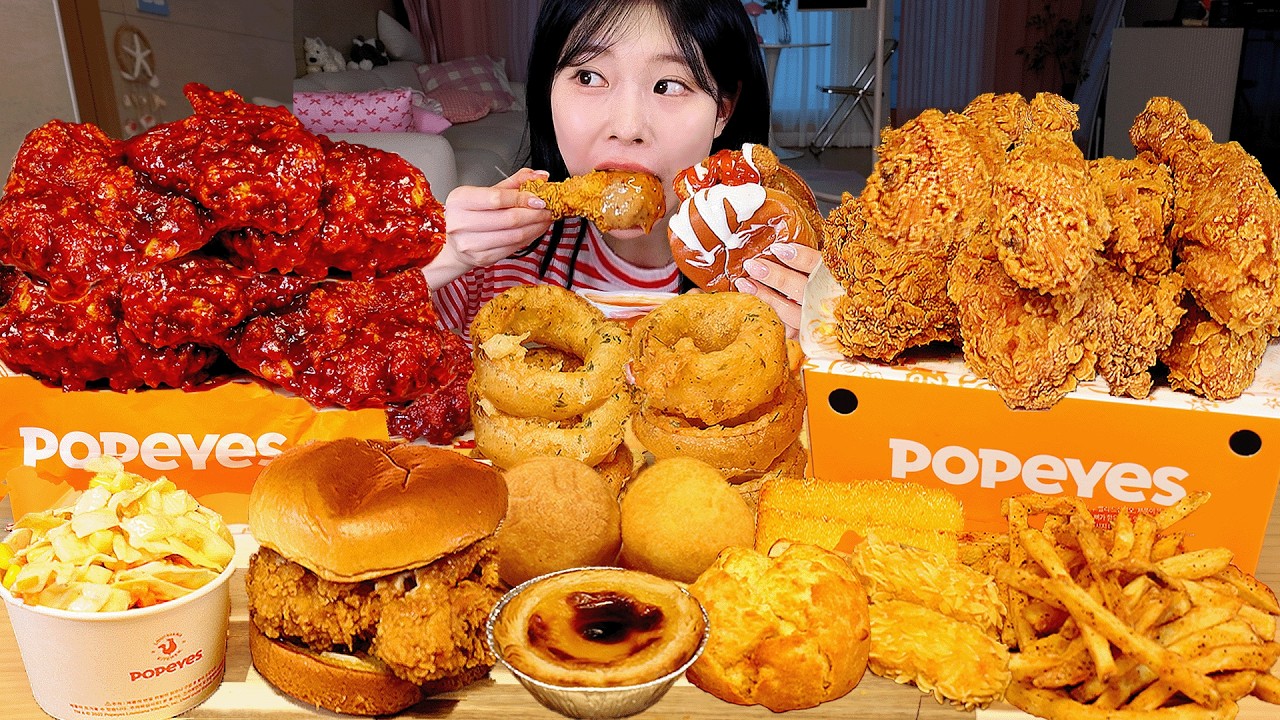 ASMR MUKBANG | Ем Popeyes! Чикен бургер, жареная курица, курица со специями, луковые кольца, коулсло